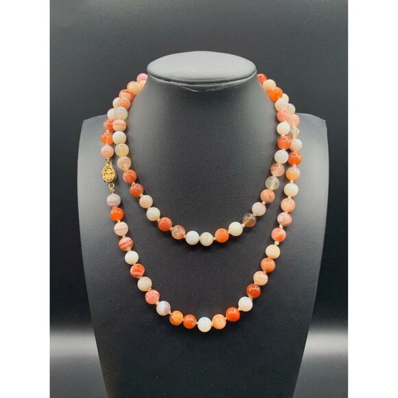 Striped Agate Necklace 14K Gold Hand Knotted Round Semi-Precious Stones Necklace - Picture 3 of 6